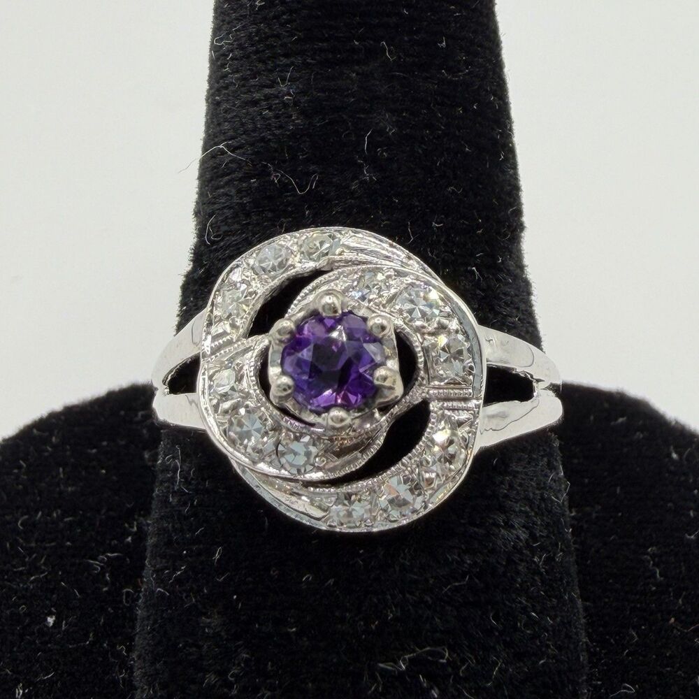 14K White Gold Amethyst Diamond Halo Ring .25CT Amethyst Sz 10.3